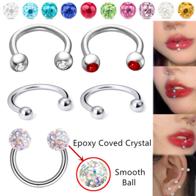 6er 1,2mm Edelstahl Hufeisen Nasenring Kristall Septum Lippe Ohr Piercing 6-14mm