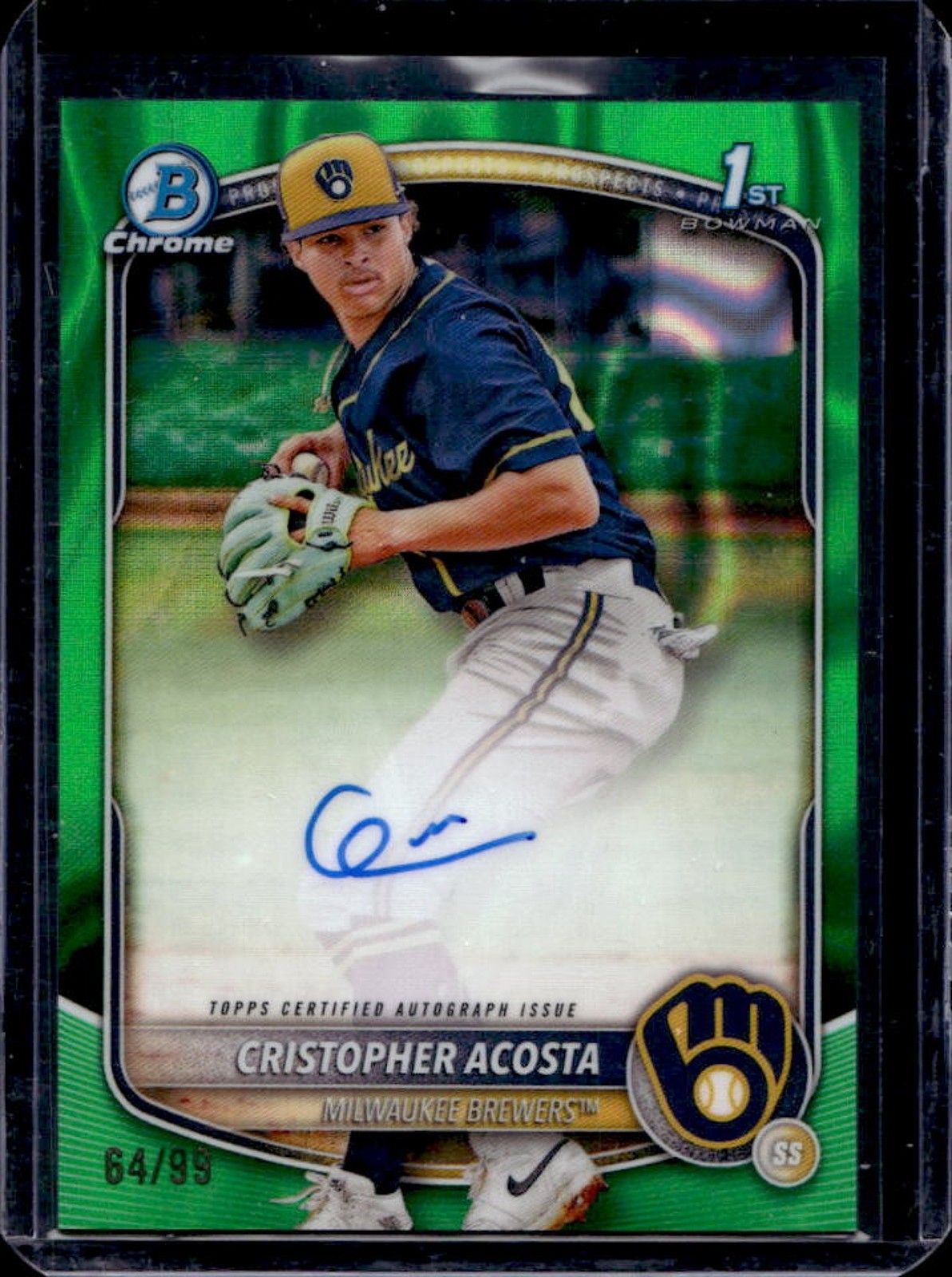 2025 Bowman Chrome Cristopher Acosta Auto Green Lava Refractor 1st #/99 Brewers