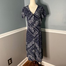 Gap Womens Navy Blue Bandana Floral Button Front V-Neck Midi Dress Small