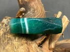Unique Tibetan Natural Green Old Agate DZi *Silkworm Lines* Bead 32mm C08