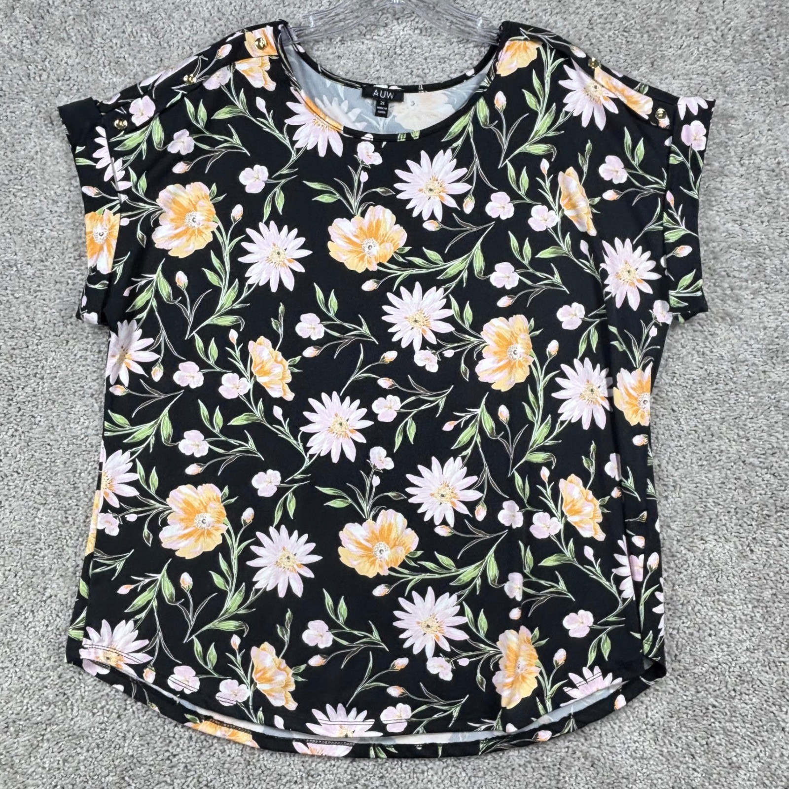 AUW Womens 2X Black Floral Short Sleeve Button Shoulder Top T700001H64X
