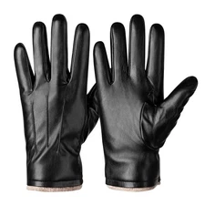 Mens Winter Thermal Touchscreen Leather Gloves - Black, Wool Lined