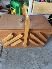 Mid Century Danish Style Accordion Sewing Box Full MCM Wooden