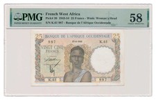 Banconota FRANCESE AFRICA OCCIDENTALE 25 franchi 1943 PMG AU 58 a scelta...
