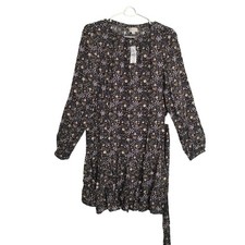 Loft Outlet Long Sleeve Floral Gray Tiered Cottage core Dress with Belt Size S