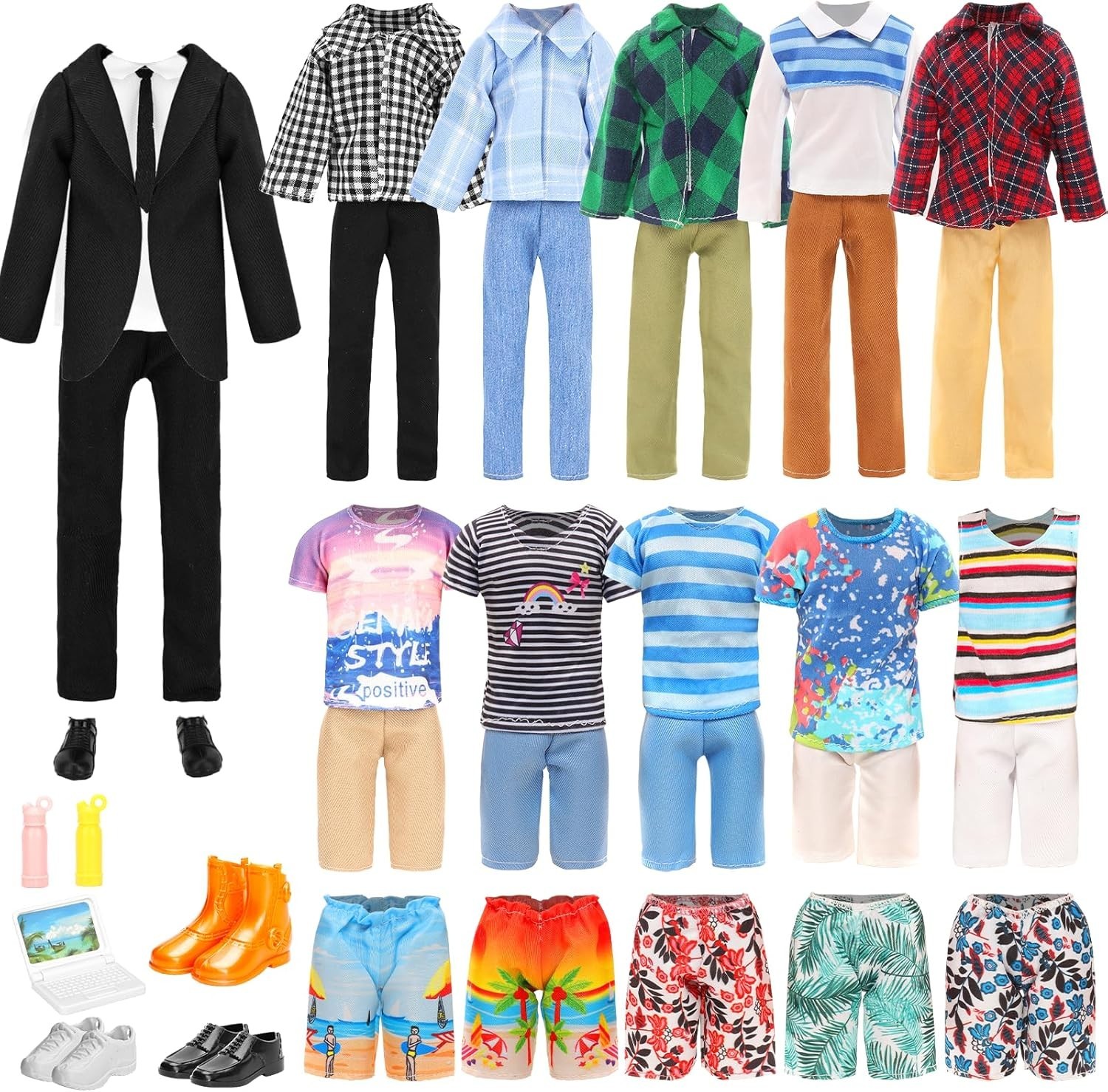 Lot 16 Doll Clothes & Accessories for Boy Doll - 4 Casual Wear, 5 Pants, 3