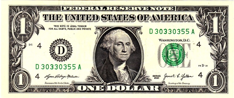 $1 2021 Fancy Serial  Uncirulated CU D30330355A