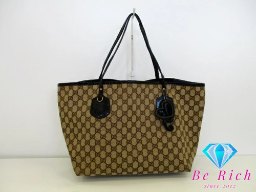 Gucci Tote Bag 211975 Gg Brown Canvas Patent Leather Logo Handbag Shoulder Ladie
