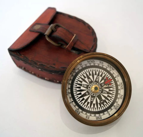 Thanksgiving Great Quality Nautical Vintage Brass Antique Compass W Leather Case - 第 2/4 張圖片