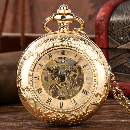 Men's Roman Numerals Pocket Watch Mechanical Double Hunter with Chain Xmas Gifts - Picture 6 of 10