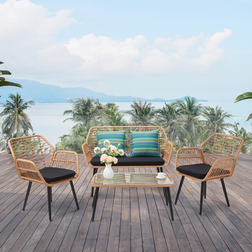 4 Pieces Sunroom Pool Loveseat Rattan Wicker Patio Sofa Set Furniture Livingroom