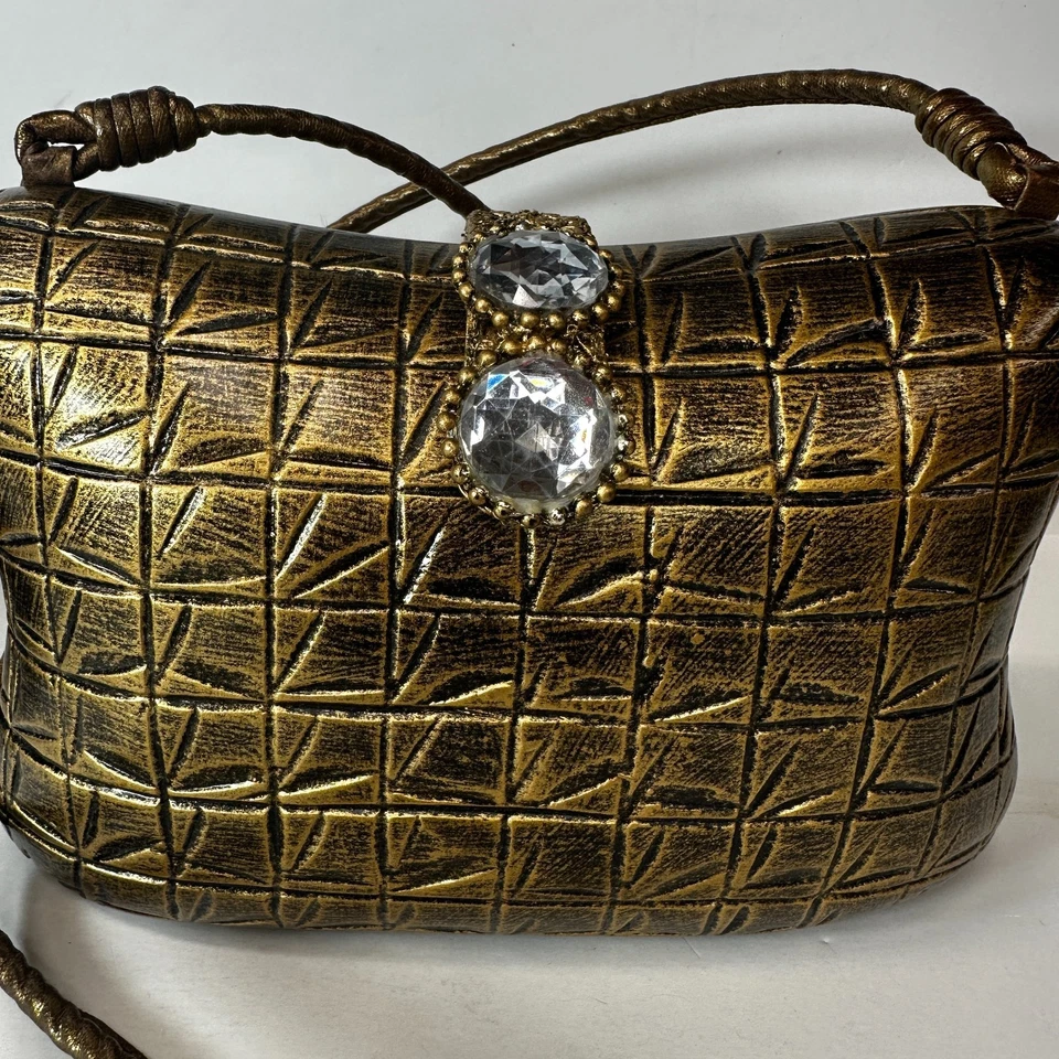 Cartera Timmy Woods Estuche Rígido Madera Metálico Bronce Tallado Vintage Bolso de Hombro Cocodrilo Foto 2 de 4