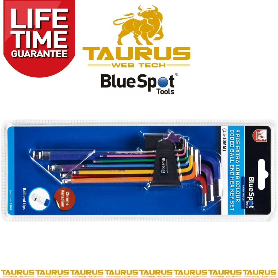 9 x BlueSpot Extra Long Colour Coded Ball End Hex Allen Keys Set 1.5-10mm Metric - Image 3 of 3