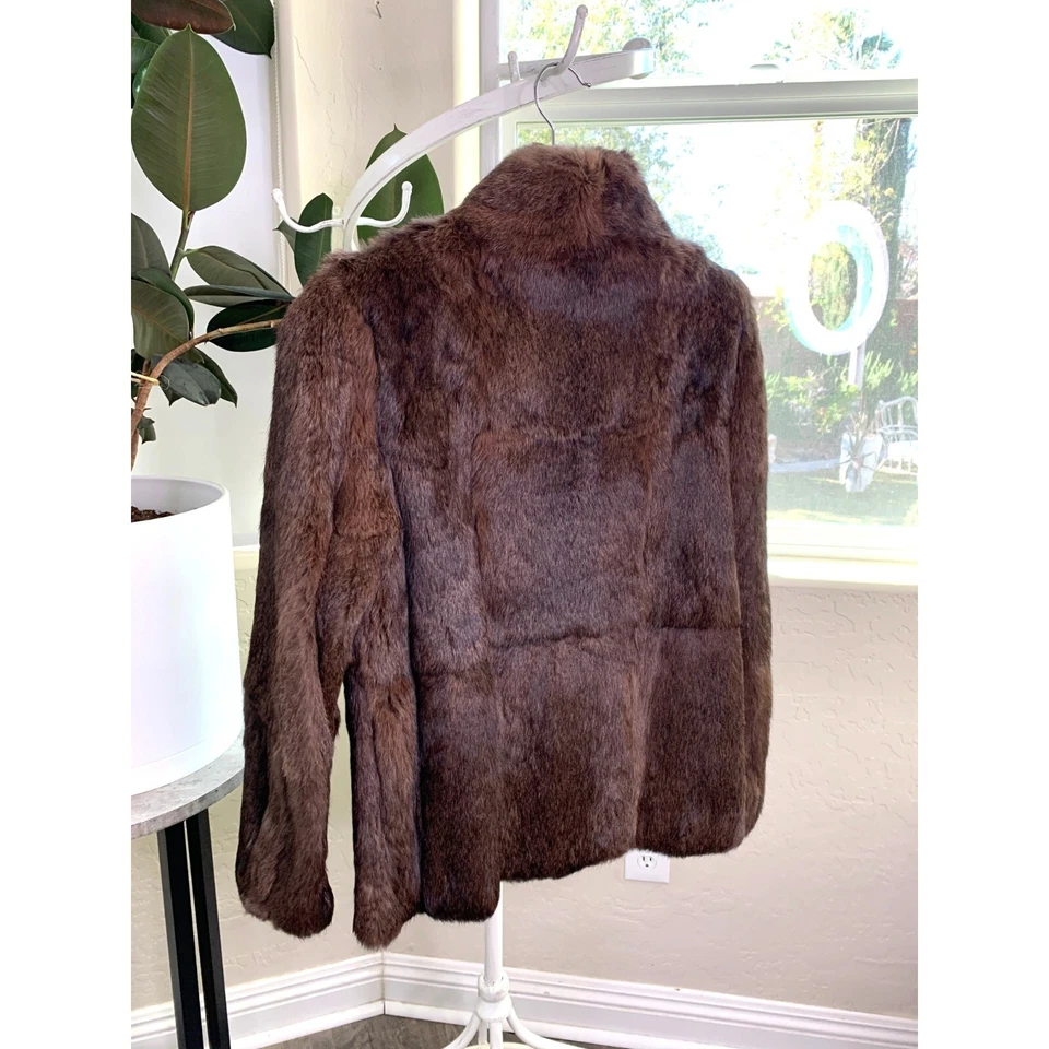 Genuine Vintage Rabbit Fur Brown Size S 6 Stand Collar Satin Lined Pockets 7019 - Image 4 of 4