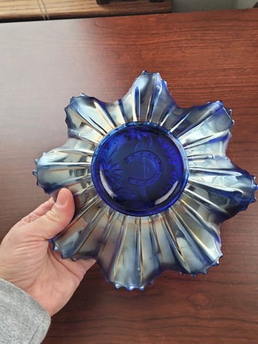 Pretty Blue Northwood Carnival Glass Good Luck Ruffled Bowl - Picture 10 of 14