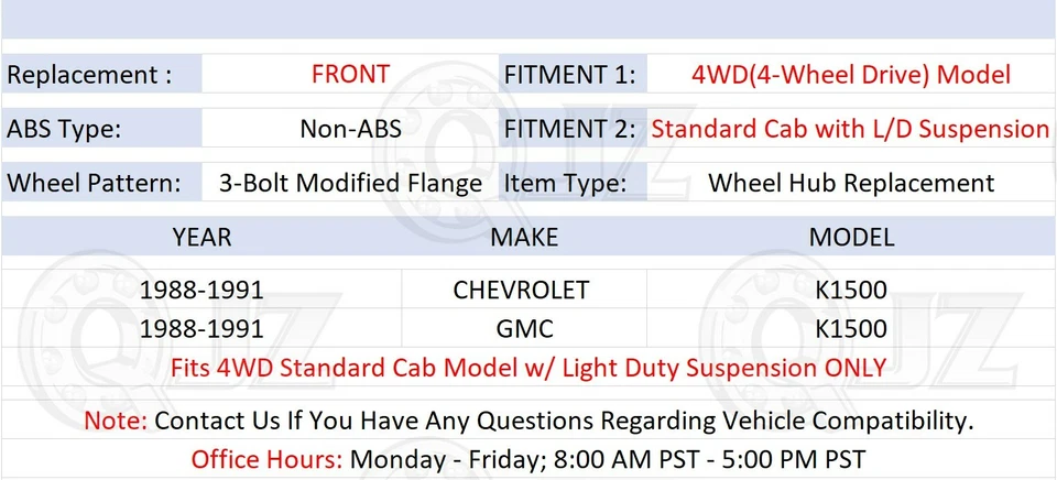 [FRONT(Qty.1)] New Hub For 1988-1991 Chevrolet K1500 4WD-Model w/ LD Suspension - Image 2 of 4
