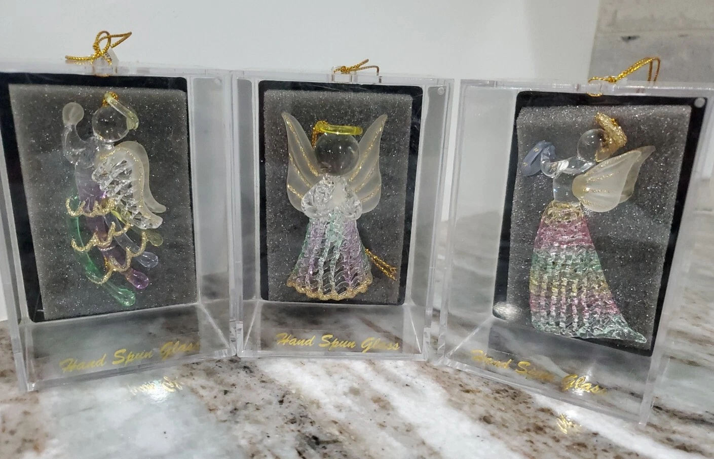 3 Hand Spun Glass Angels Ornaments Hand Made Multicolor Halo Wings