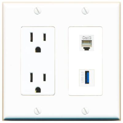 RiteAV Power Outlet and PHONE USB-3 Wall Plate Decorative [White]