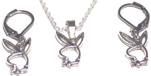 Mini Playboy Silver Necklace with 20" Rolo Chain & Dangle Earrings Set Seductive