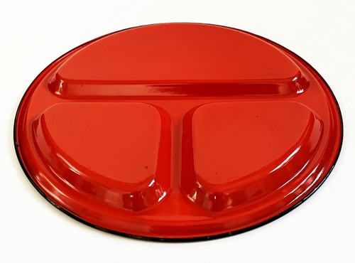 9 RED ENAMEL ENAMELWARE CAMPING BBQ PICNIC DIVIDED PLATE DISH MID CENTURY MODERN - Picture 10 of 15