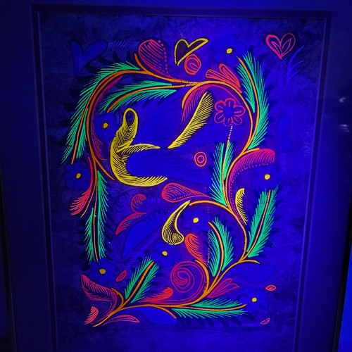 Vtg Mexican Amate Bark Painting Blacklight Folk Art Bird Flowers Framed 15x19 - Picture 5 of 16