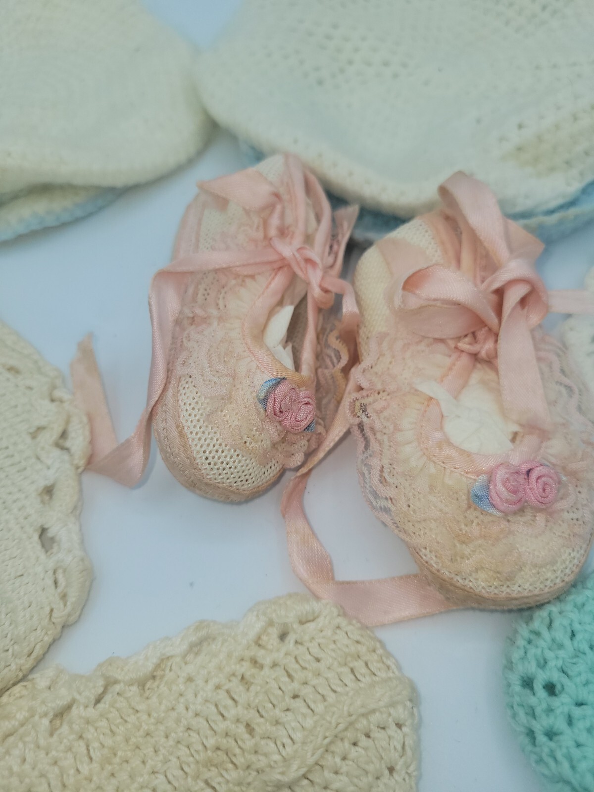 Antique Baby Clothes Crocheted Knotted Pair Booties , Bib And Hat