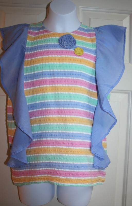 Masala Kids Girl's Blue Pink Green Cotton Seersucker Crochet Flower Top Size: 12