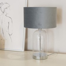 Image of Glass Table Lamp Chrome Base Grey Velvet Shade Metallic Inner LED Light Bulb
