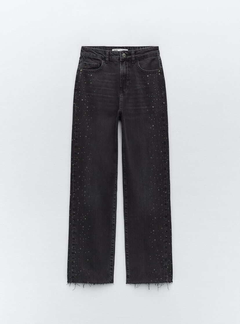 ZARA Z1975 STRAIGHT HIGH-WAIST CROPPED BEADED JEANS BLACK ZARA Z1975 STRAIGHT HIGH-WAIST CROPPED BEADED JEANS BLACK