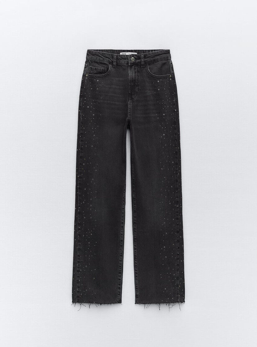 ZARA Z1975 STRAIGHT HIGH-WAIST CROPPED BEADED JEANS BLACK NEW FW24 REF.  6147/195