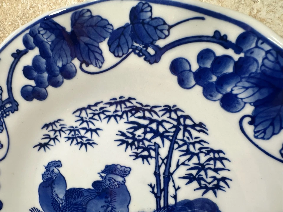 Chinoiserie Blue & White Serving Bowl 9” Rooster Grapevines French Country Mint - Image 4 of 4