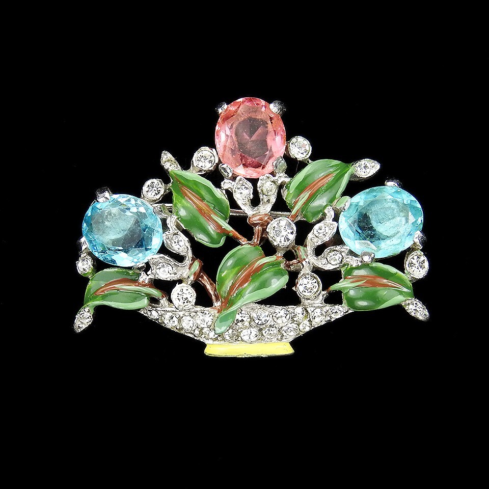 Vintage Trifari A Philippe Floral Leaf Blue Enamel Rhinestone Pendant