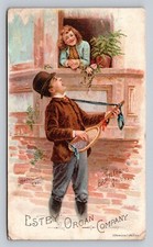 Estey Organ Man Serenades Woman With Racquet Guitar C R Steward Rensselaer P14