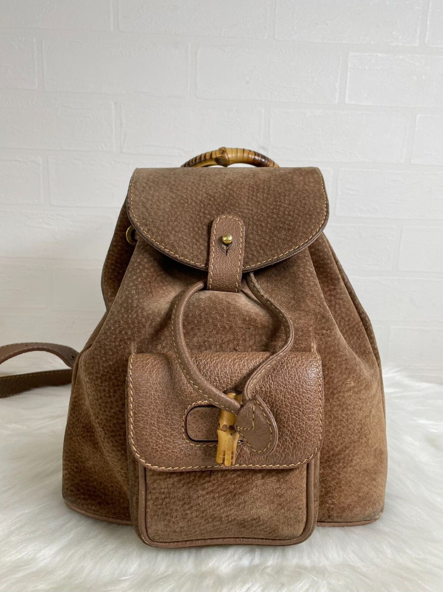 バッグ GUCCI Bamboo Suede Mini Backpack Brown Gucci Bamboo Mini Back Pack Suede Leather Brown Authen | eBay