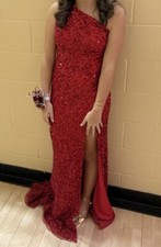 Ashley Lauren 11144 Sequin One Shoulder Dress with Back Slit Size 4 Red