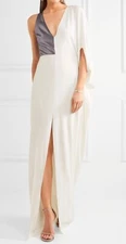 HALSTON HERITAGE Lame Panel Stretch Crepe Gown Asymmetric Silver Bodice 14 YJ01