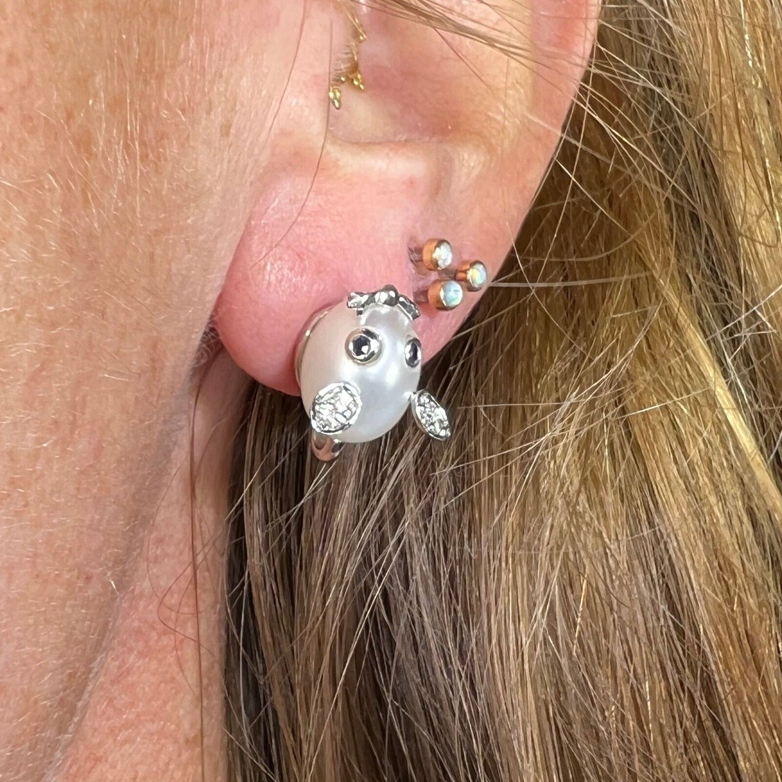 14k White Gold Pearl Mouse Earrings w Blue Sapphi… - image 2