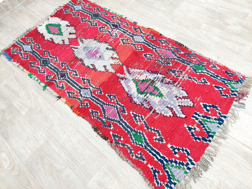 Moroccan Vintage Red Area Rug 2x5 Handmade Berber Geometric Tribal Azilal Runner - Picture 4 of 8