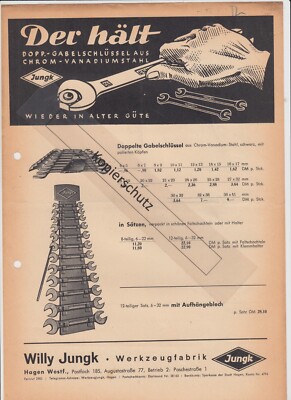 Werbeblatt Willy Jungk Werkzeuge Gabelschlüssel Hagen Westf. ca. 1950 Preise