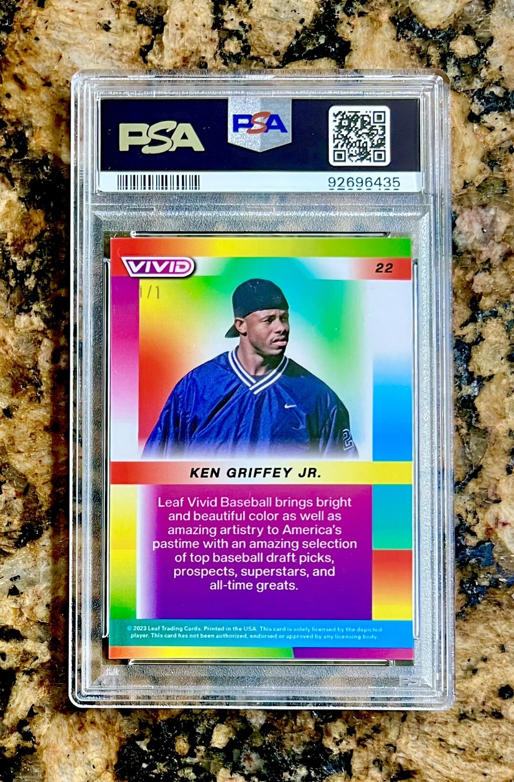 2023 Leaf Vivid KEN GRIFFEY JR. Gray Laser 1/1 Card #22 - PSA 9 MINT view 2