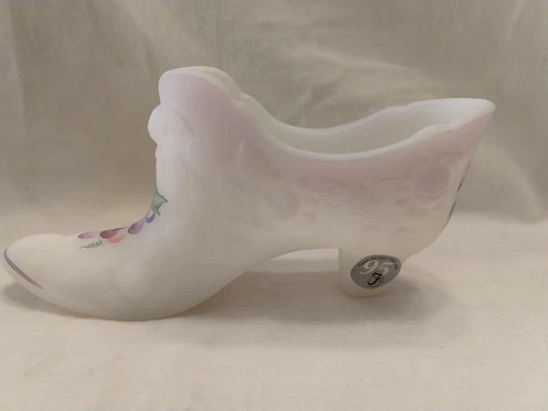 Vintage Fenton Art Glass White Satin hand painted plums slipper 9295 JV;NWOB