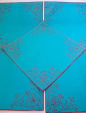 NWOT set/5 Placemats 4 Napkins Peacock Blue Terra Cotta Linen Cotton Embroidered