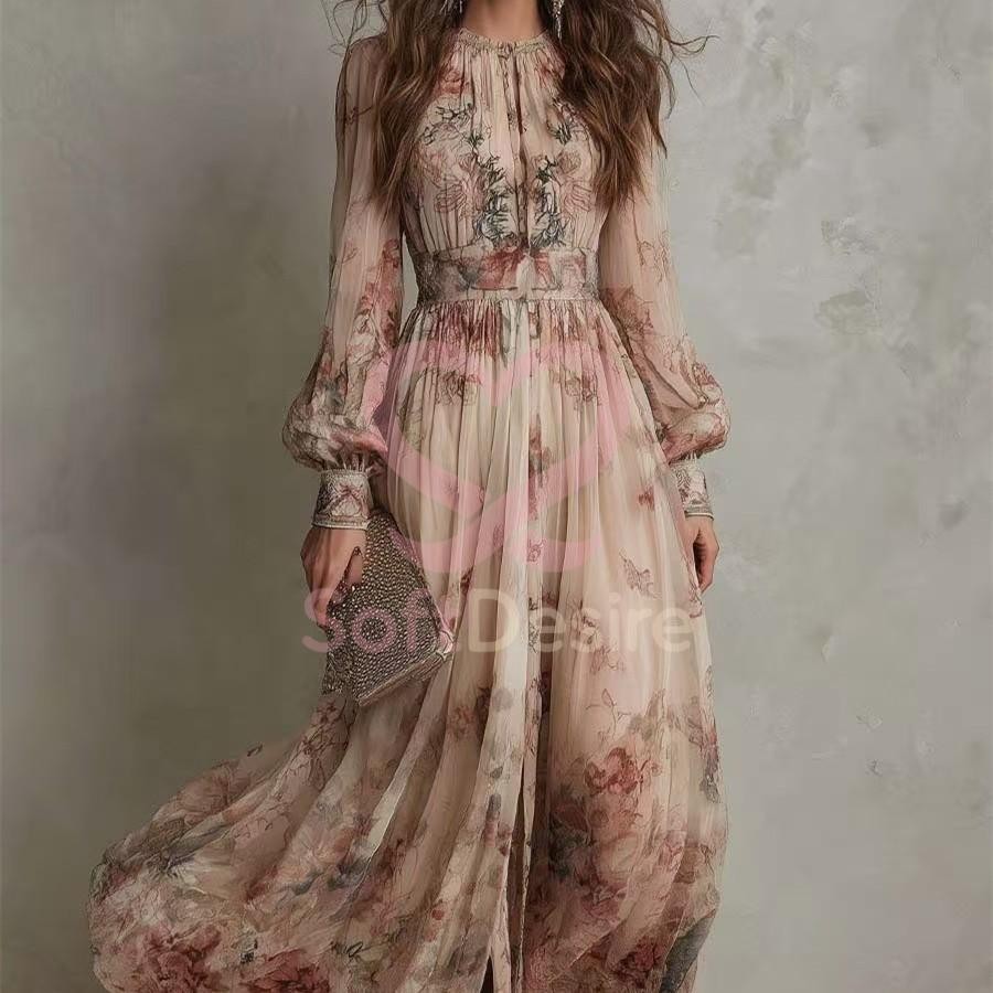 Vestido Floral Retro Estampado de Gasa Cuello Redondo Manga Larga Plisado Cintura