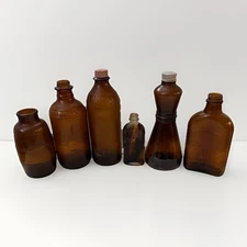 Vintage Amber Glass Bottle Lot Purex Hiram Walker Cook Chemical Mixed Set