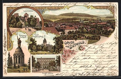 Lithograph Detmold, Hermanns monument, Prince Residenzschloss, Fürstl. palace 