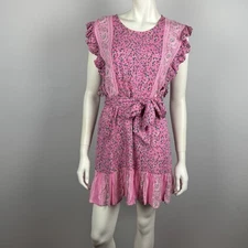 Tigerlily Size 10 Short Shift Dress Elastic Waist Frill Short Sleeve Pink Floral