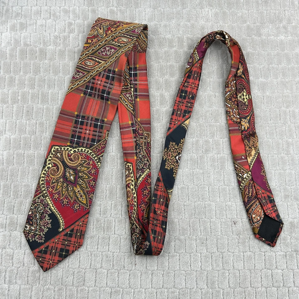 Corbata de seda Brioni dorada negra roja a cuadros estampado cachemir hecha en Italia *LEER Foto 2 de 4