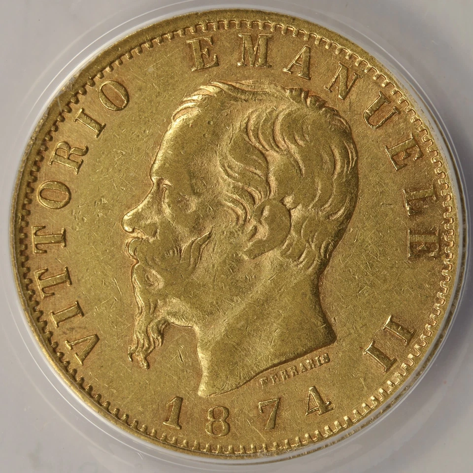 1874-M BN Italy Gold 20 Lire ANACS EF40 - Image 3 of 4