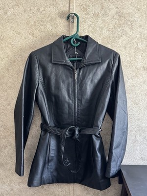 Outbrook Black Genuine Leather Jacket Women s Small Belted Zip Coat