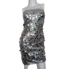 Silver Sequin Strapless Mini Dress XS Bodycon Party Club Glam Festival Disco